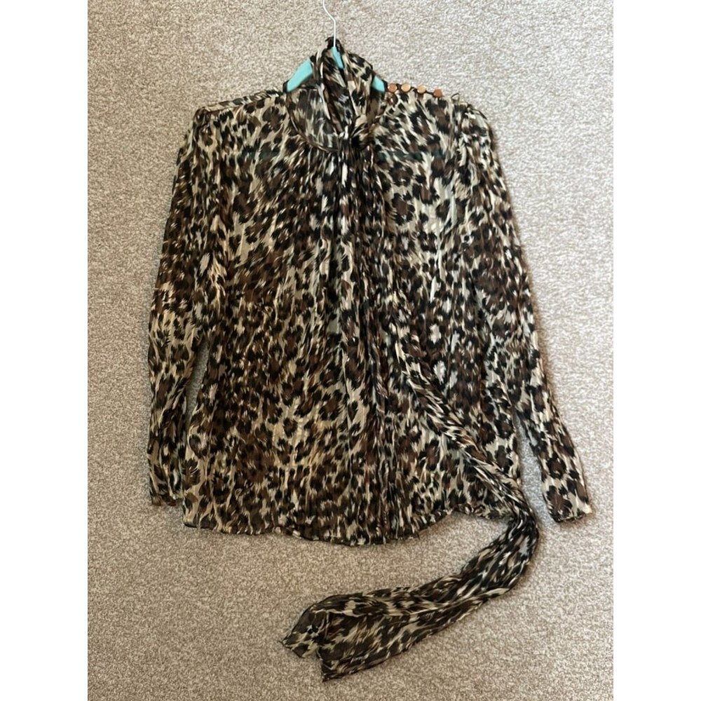 Vtg Saks Fifth Avenue 100% Silk Animal Print Blouse Top Sz 14 W/ Scarf *flaw